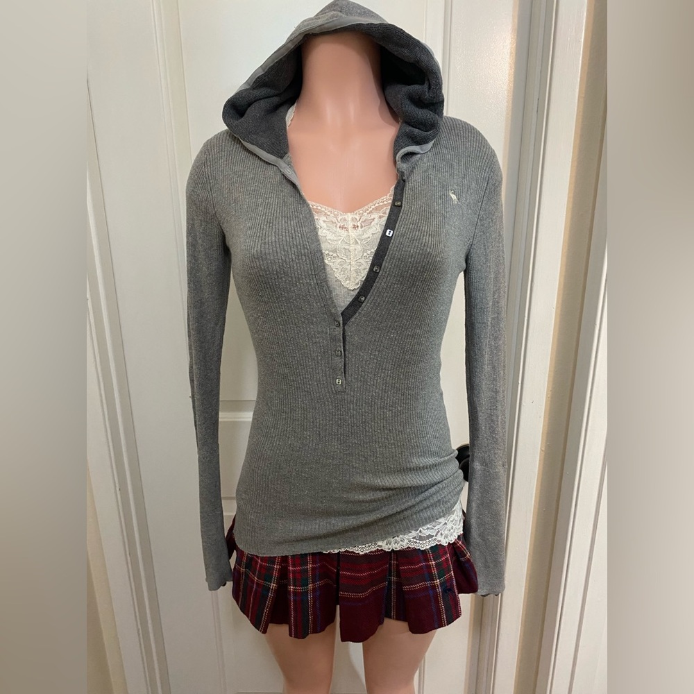 Vintage y2k Abercrombie grey button up ribbed hooded long sleeve top - Picture 8 of 15